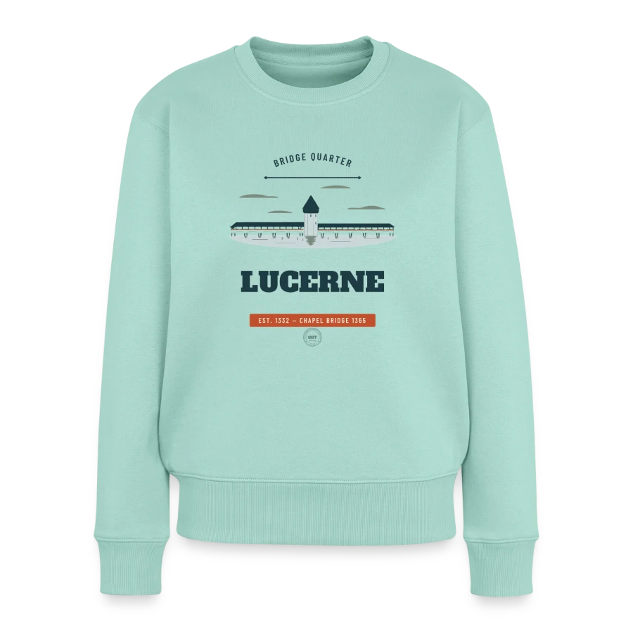 Lucerne badge on a women's premium organic jumper, mint 