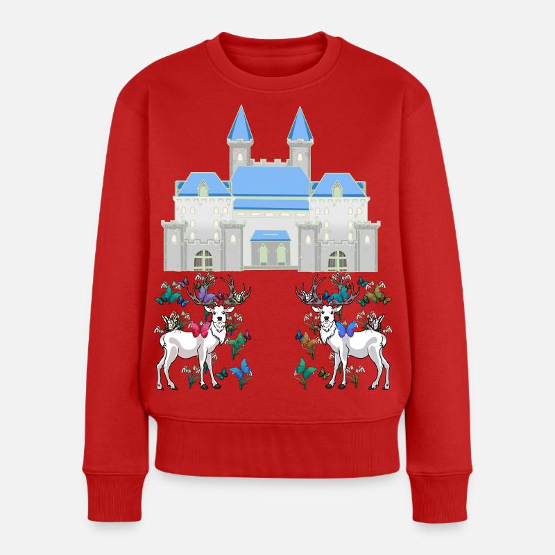 Schloss Märchen Hirsche Schmetterlinge Frühling - Frauen Premium Bio Pullover - Rot