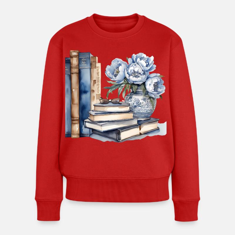 Illustriertes klassisches Buch und Blumenarrangement - Frauen Premium Bio Pullover - Rot