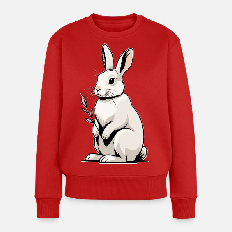 Weißer Hase mit Blattpflanze - Frauen Premium Bio Pullover - Rot