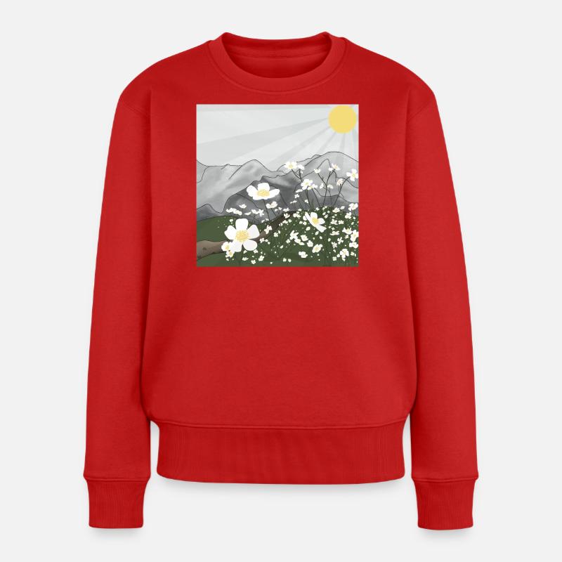 Weiße Blumen-Wiese vor Bergpanorama im Frühling - Frauen Premium Bio Pullover - Rot