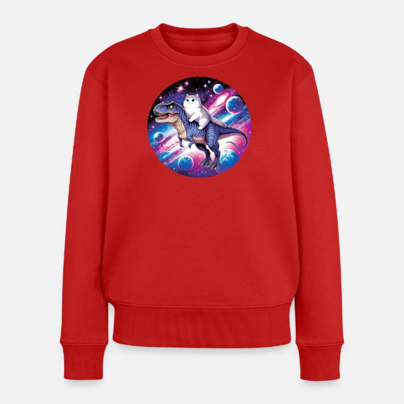 Kosmos-Tierreiter: Katze auf Dino - Frauen Premium Bio Pullover - Rot
