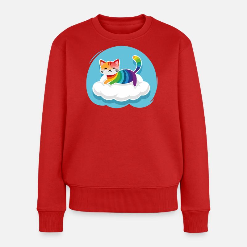 Kunterbunte Katze schwebt auf Wolke (Tag) - Frauen Premium Bio Pullover - Rot