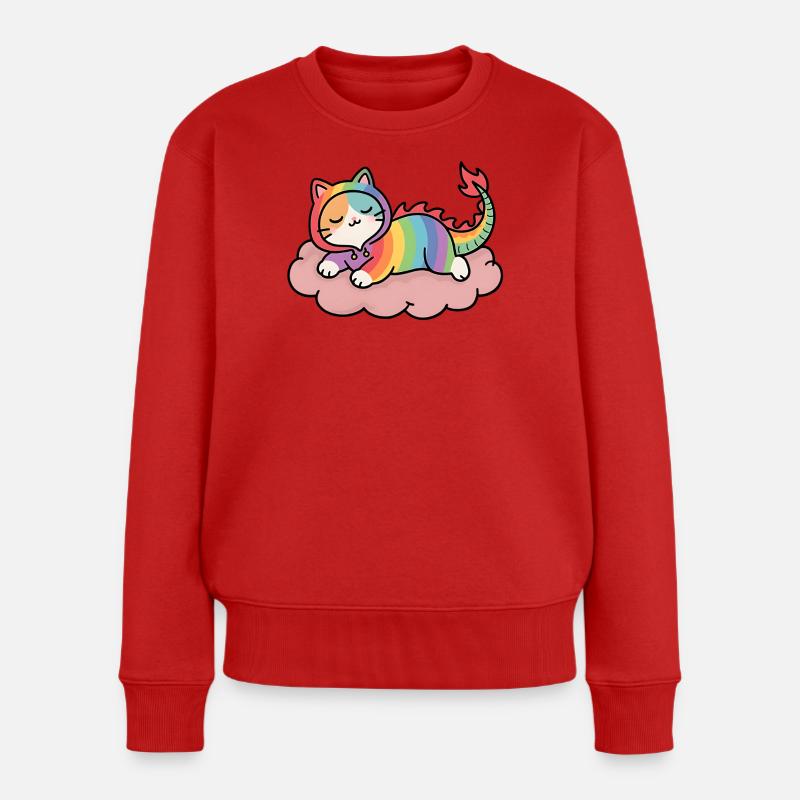 Entspannte Regenbogen-Drachenkatze auf Wolke - Frauen Premium Bio Pullover - Rot