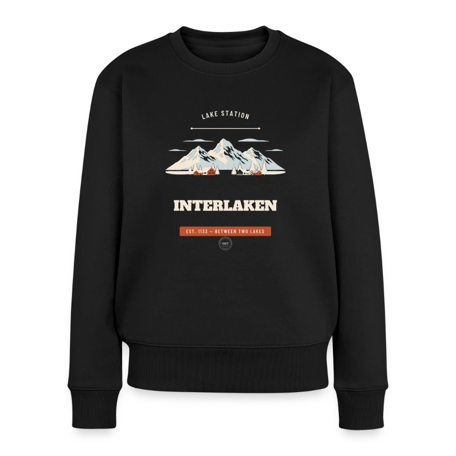 Interlaken badge on a women's premium organic jumper, black