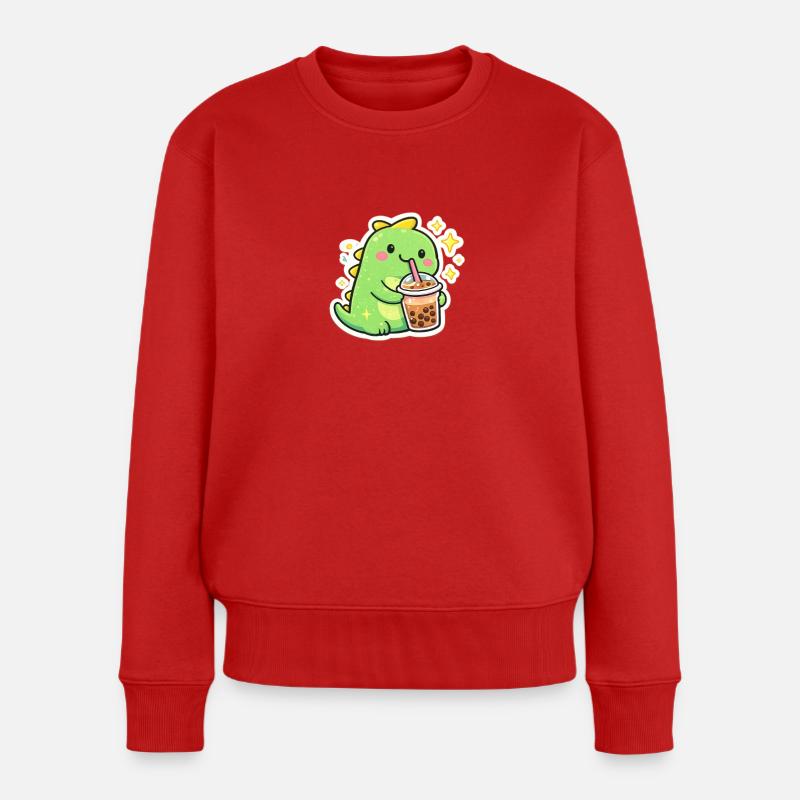 Süßer Dino mit Bubble Tea - Frauen Premium Bio Pullover - Rot