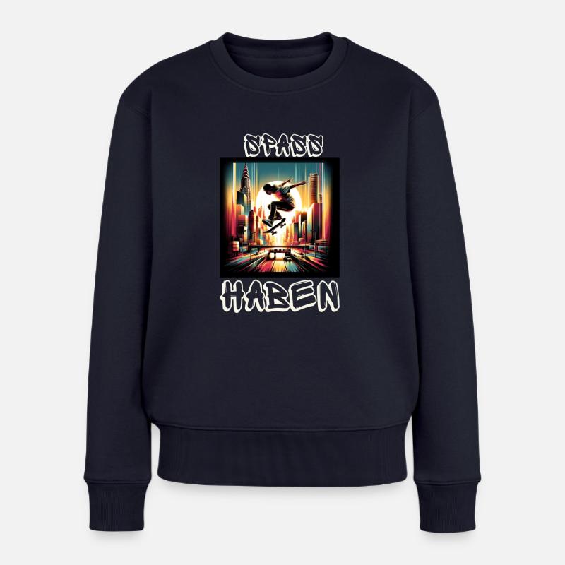 Dynamischer Skateboard-Sprung durch die Stadt - Frauen Premium Bio Pullover - Navy