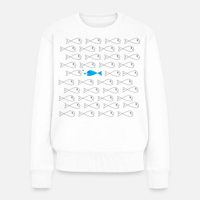 Gegen den Strom - blauer Fisch in grauem Schwarm  - Frauen Premium Bio Pullover - Weiß