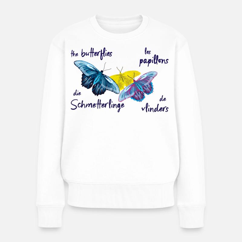 Bunte Schmetterlinge, 4 Sprachen - Frauen Premium Bio Pullover - Weiß