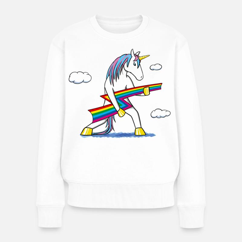 Rainbow Rock – Einhorn mit Regenbogenblitz - Frauen Premium Bio Pullover - Weiß