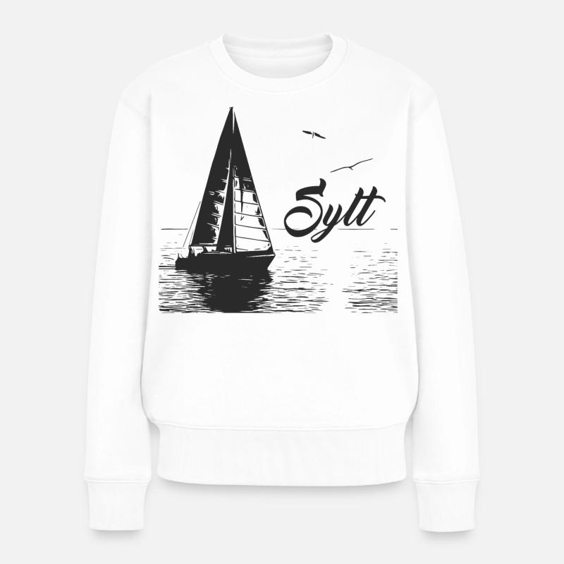 Sylt Segelboot und 2 Möwen - Frauen Premium Bio Pullover - Weiß