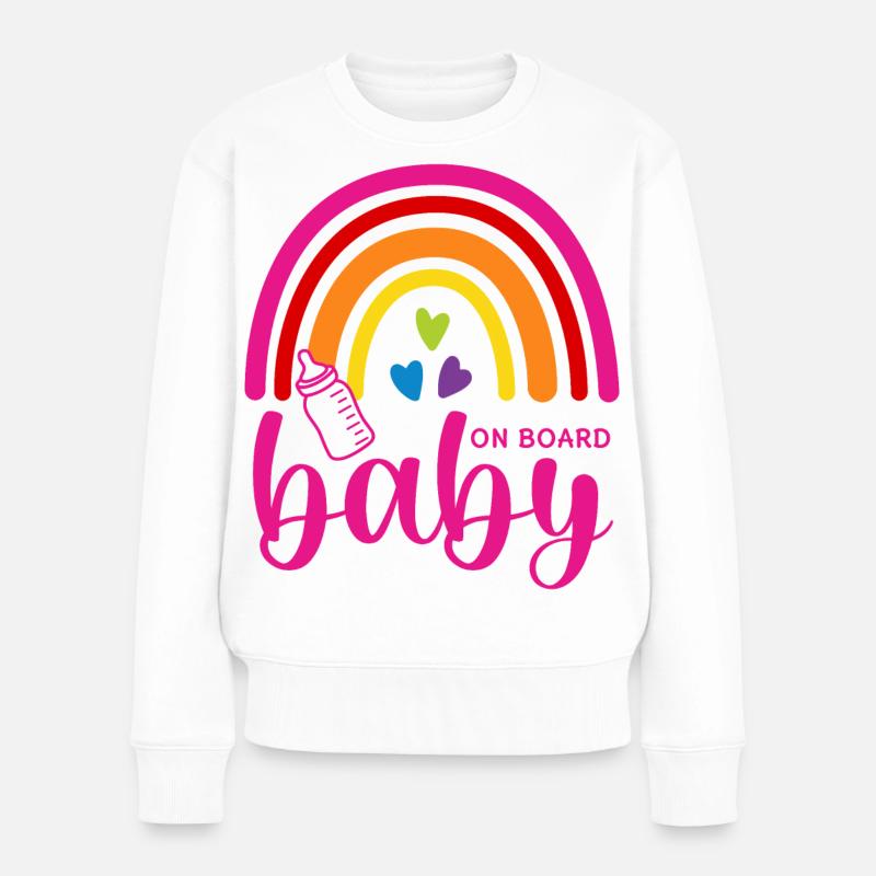 Boho Regenbogen Herzen Babyflasche Baby on Board - Frauen Premium Bio Pullover - Weiß