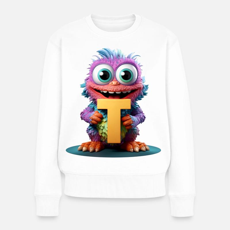 Buntes Monster mit Buchstabe T - Frauen Premium Bio Pullover - Weiß