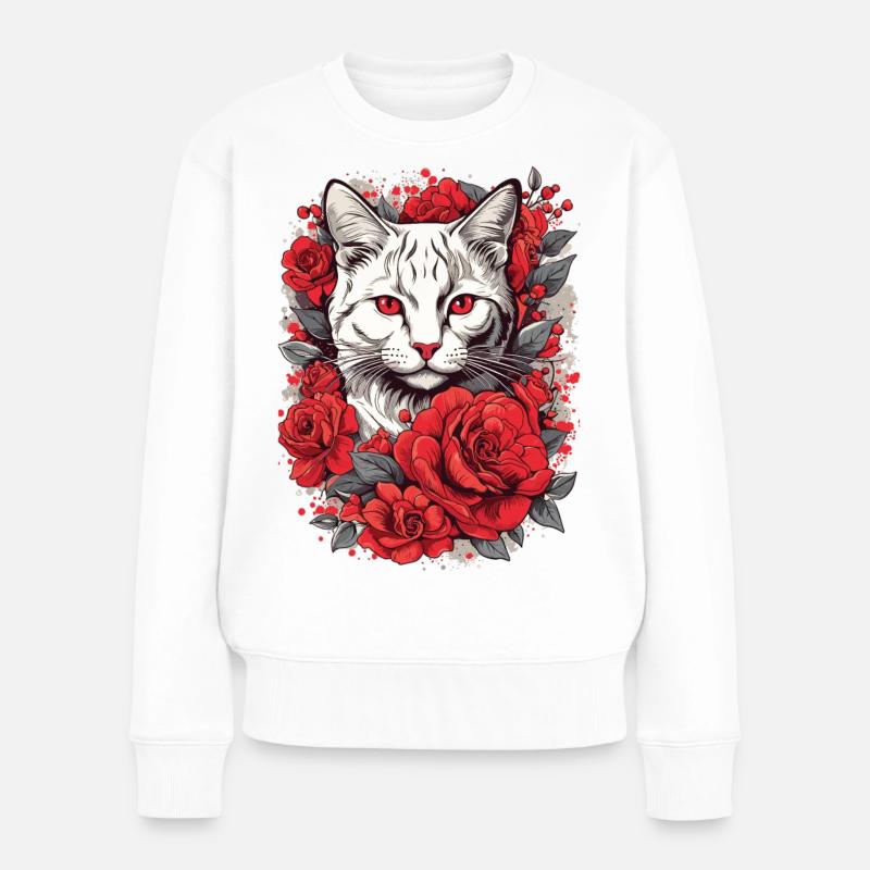 Look chat rose rouge, chat avec des roses - Pull Premium bio Femme - blanc