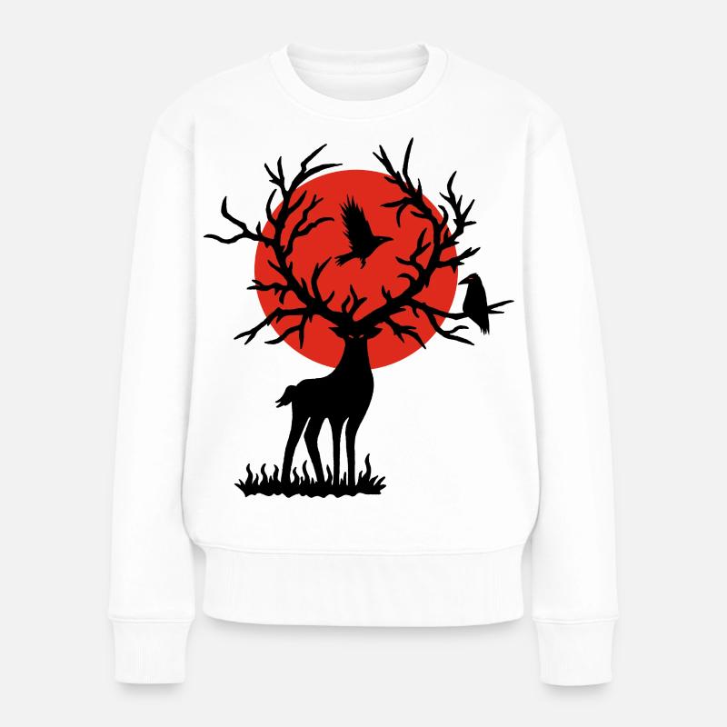 Der schwarze Hirsch und die rote Sonne - Frauen Premium Bio Pullover - Weiß