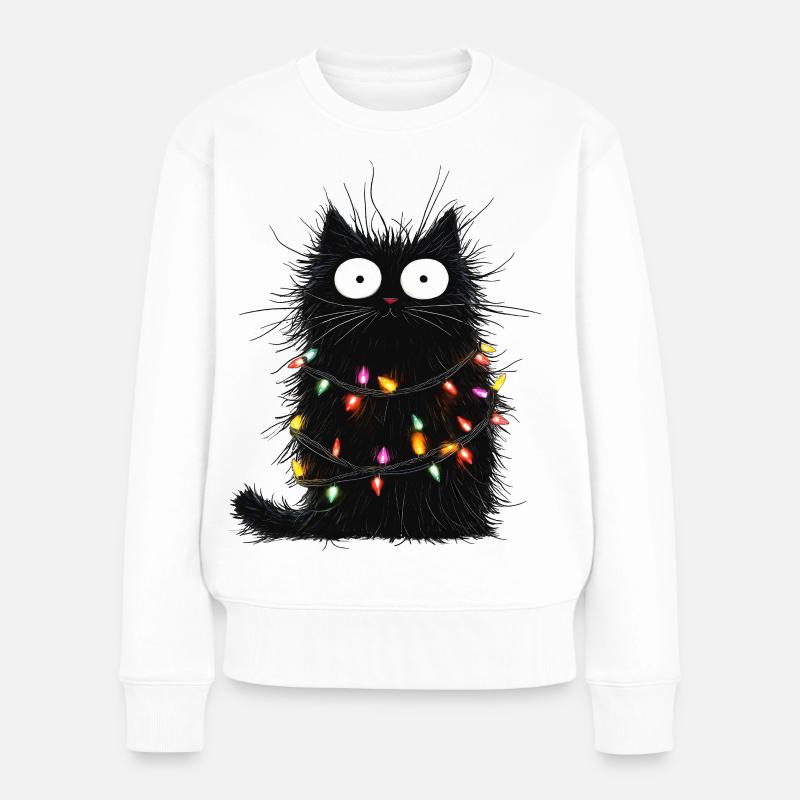 Lustige Katze Weihnachtsbaum Lichterkette Geschenk - Frauen Premium Bio Pullover - Weiß