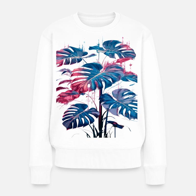 Retro Monstera Pflanze Neon Synthwave - Frauen Premium Bio Pullover - Weiß