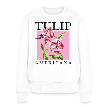 Duo de tulipes baroques sur fond rose - Pull Premium bio Femme - blanc - Devant - Julia (174cm)