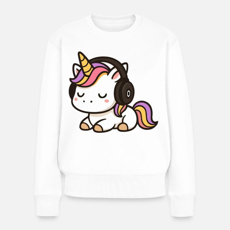 Niedlicher Einhorn-Cartoon mit schlafenden Kopfhörern - Frauen Premium Bio Pullover - Weiß