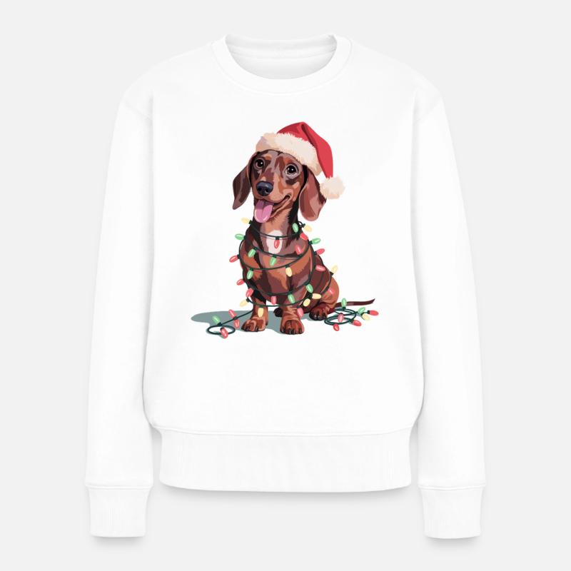 Dackel mit Weihnachtslichtern und Santa-Hut - Frauen Premium Bio Pullover - Weiß