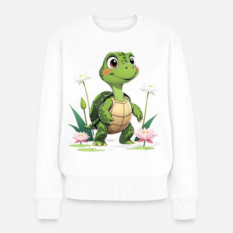 Charmantes Schildkröten-Design mit Blumen - Frauen Premium Bio Pullover - Weiß