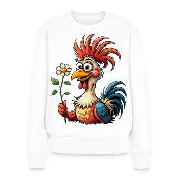 Bunter Cartoon Hahn mit Margeriten Blume - Frauen Premium Bio Pullover - Weiß - Vorne - Julia (174cm)