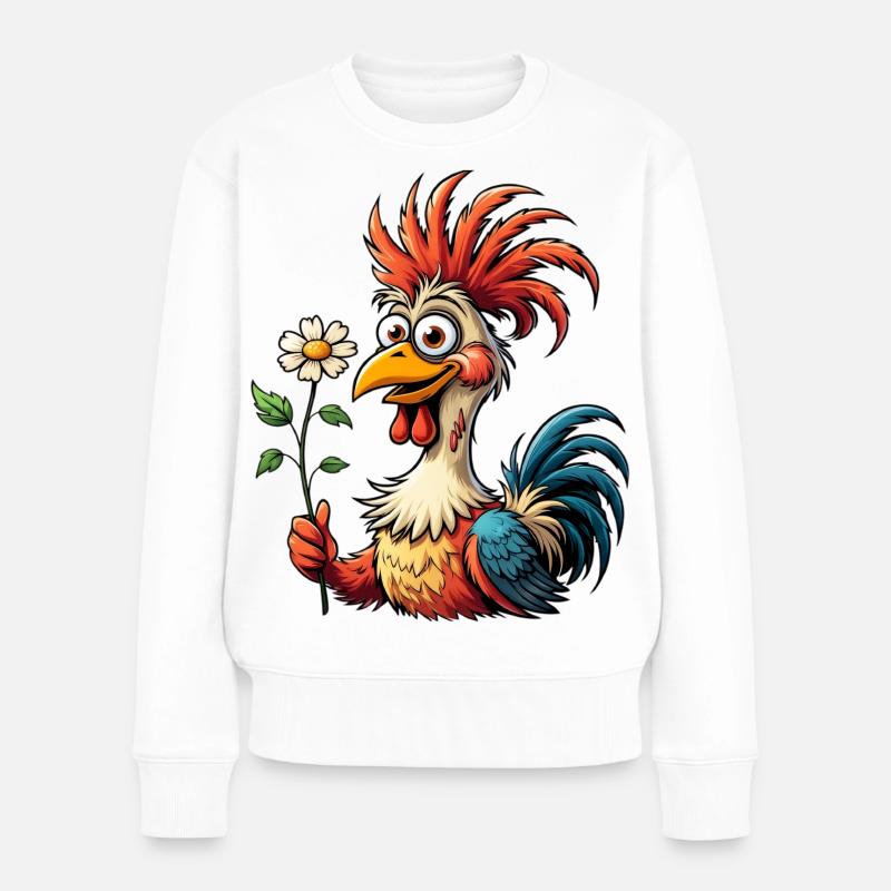 Bunter Cartoon Hahn mit Margeriten Blume - Frauen Premium Bio Pullover - Weiß