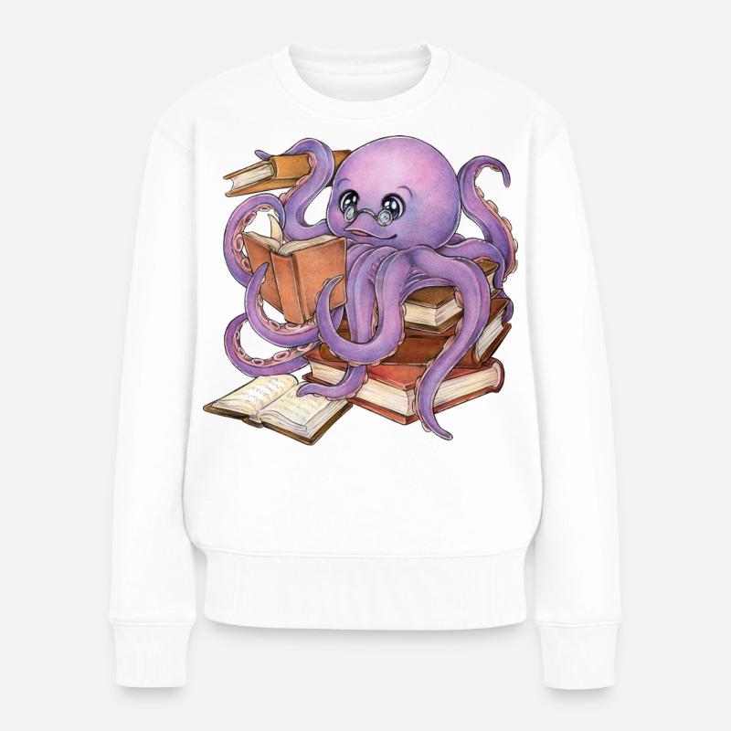 Reading Octopus in Stack of Books Book Gift - Women's Premium Organic Jumper - white