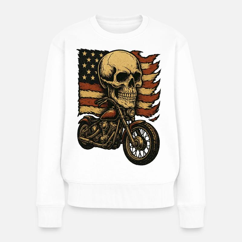 Moto skeleton devant le drapeau américain - Pull Premium bio Femme - blanc