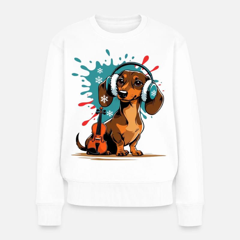Wintermusik-Dackel mit Kopfhörern - Frauen Premium Bio Pullover - Weiß