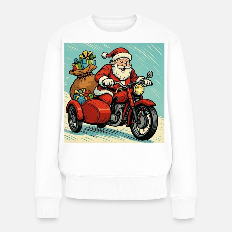 Le Père Noël sur une moto avec side-car – Style comics - Pull Premium bio Femme - blanc