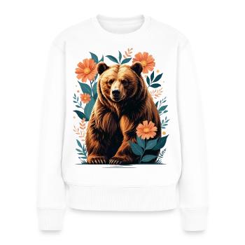Braunbär im Blütenrahmen - Frauen Premium Bio Pullover - Weiß - Vorne - Julia (174cm)