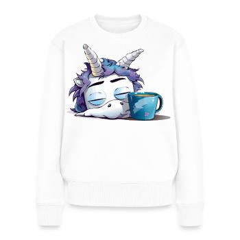 Schlafendes Einhorn und Kaffeebecher - Frauen Premium Bio Pullover - Weiß - Vorne - Julia (174cm)