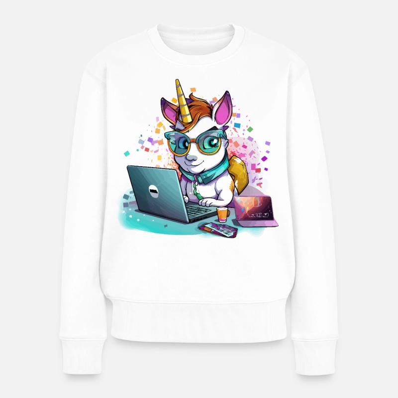 Licorne d’ordinateur portable avec lunettes et paillettes - Pull Premium bio Femme - blanc