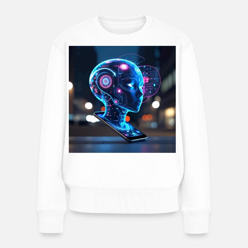 Neon-Holografisches KI-Porträt - Frauen Premium Bio Pullover - Weiß