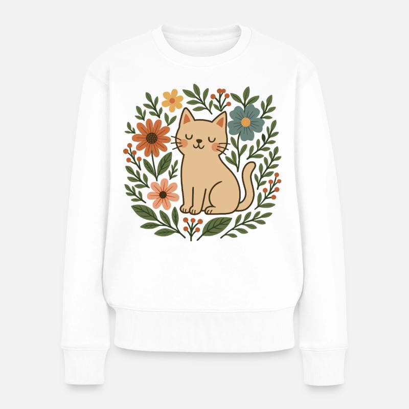 Chat fleuri parmi les fleurs - Pull Premium bio Femme - blanc