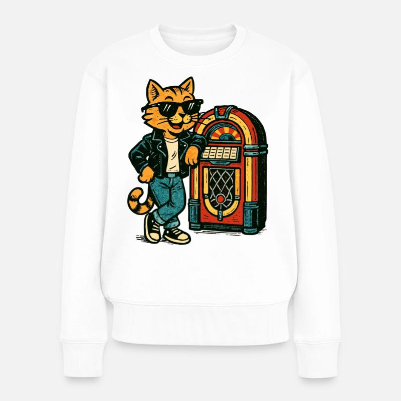 Katze mit Sonnenbrille an der Jukebox Retro Comic - Frauen Premium Bio Pullover - Weiß