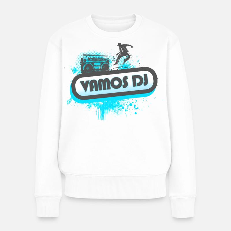 Frutiger Metro Banner Graffiti: Vamos DJ - Frauen Premium Bio Pullover - Weiß