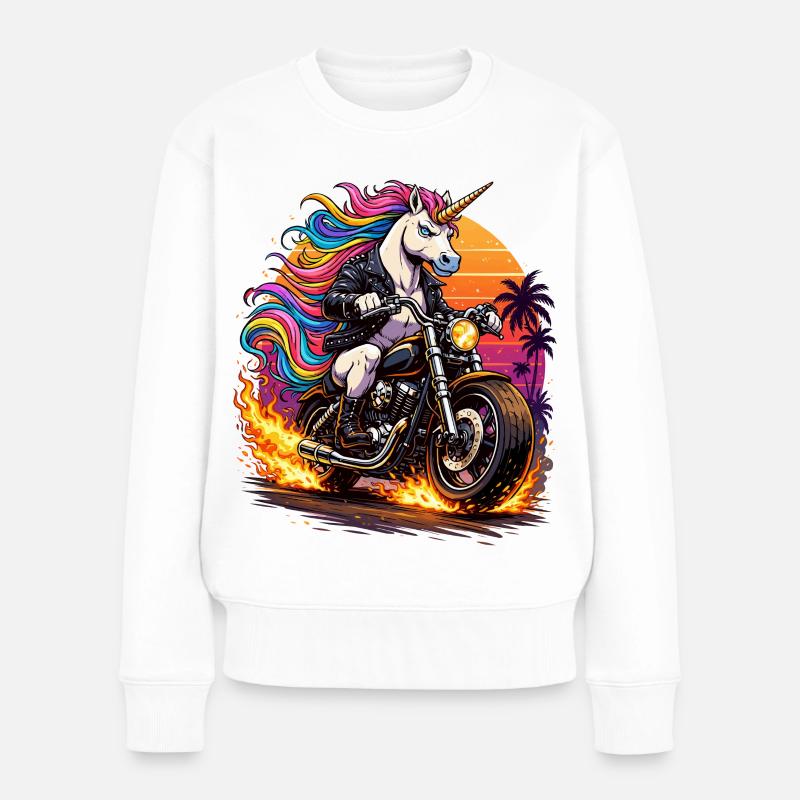 Einhorn-Motorrad im Neon-Sunset - Frauen Premium Bio Pullover - Weiß