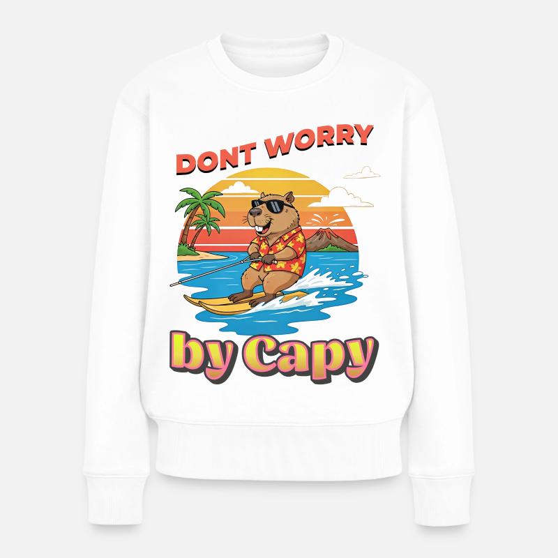 Capybara Surfer am Sonnenuntergang - Frauen Premium Bio Pullover - Weiß