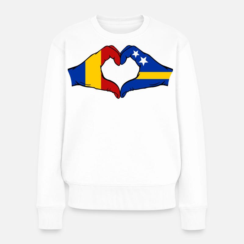 Roumanie Drapeau Curaçao Mains Forme de cœur - Pull Premium bio Femme - blanc