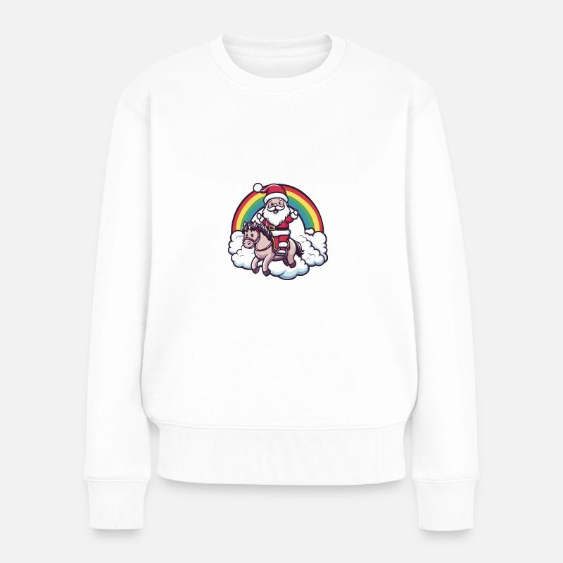 Pferd Weihnachtsmann Regenbogen - Frauen Premium Bio Pullover - Weiß