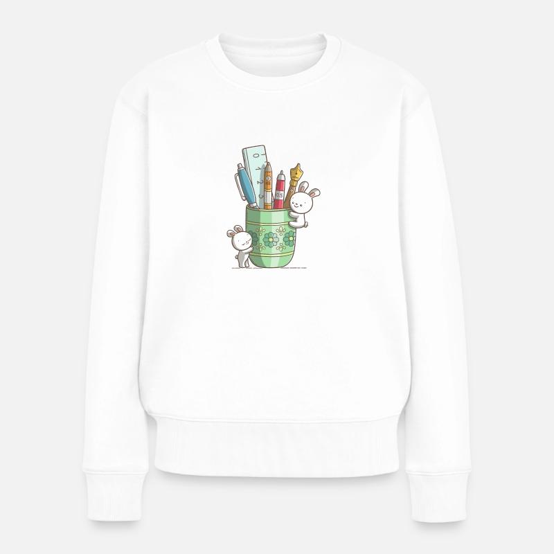 Zwei niedliche Hasen an einem Stiftbecher - Frauen Premium Bio Pullover - Weiß