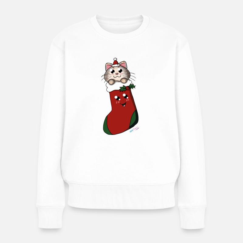 Katze im Weihnachtsstrumpf - Frauen Premium Bio Pullover - Weiß