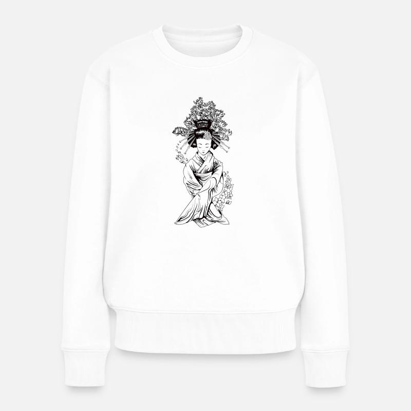 geisha hiding two tanto under sleeves - Frauen Premium Bio Pullover - Weiß