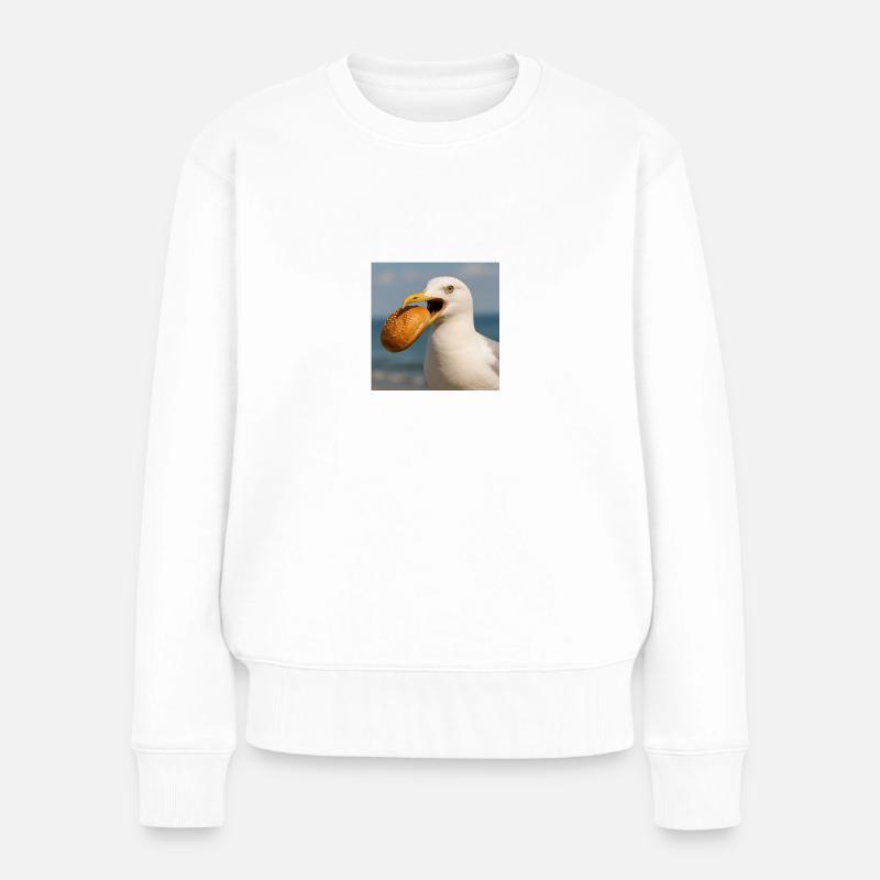 Möwe Vogel mit Brötchen im Schnabel Nordsee Hafen - Frauen Premium Bio Pullover - Weiß