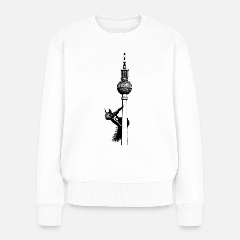 Fernsehturm Berlin mit Eichhörnchen / Grafik - Frauen Premium Bio Pullover - Weiß