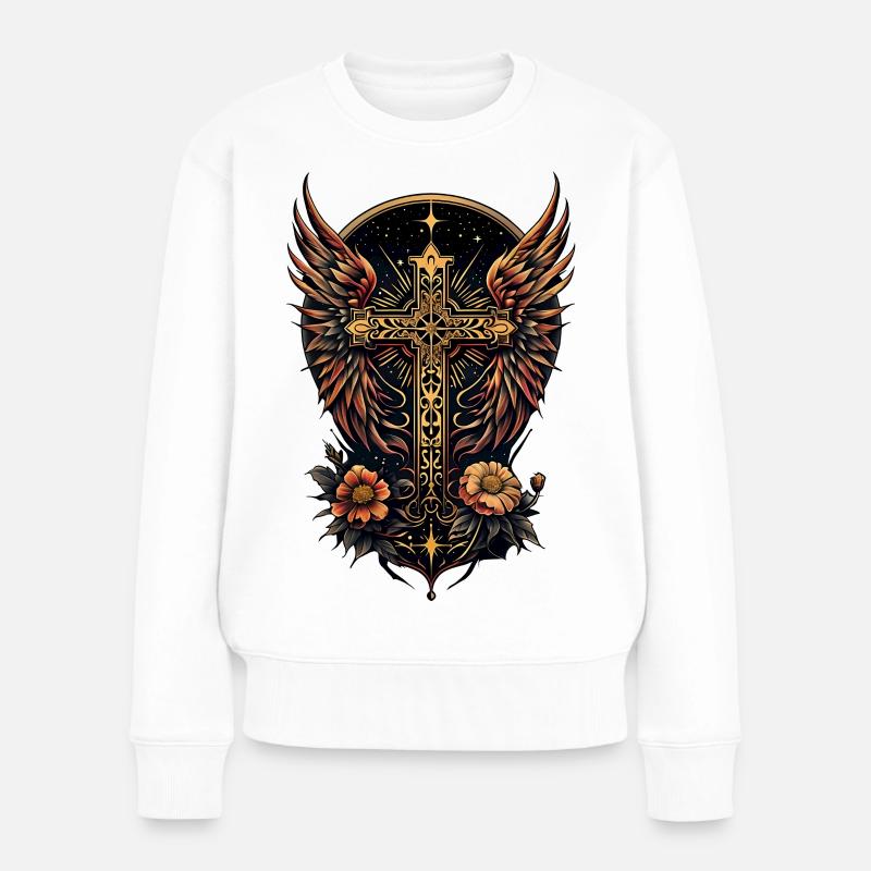 Un symbole de force : la croix ornée d’ailes - Pull Premium bio Femme - blanc