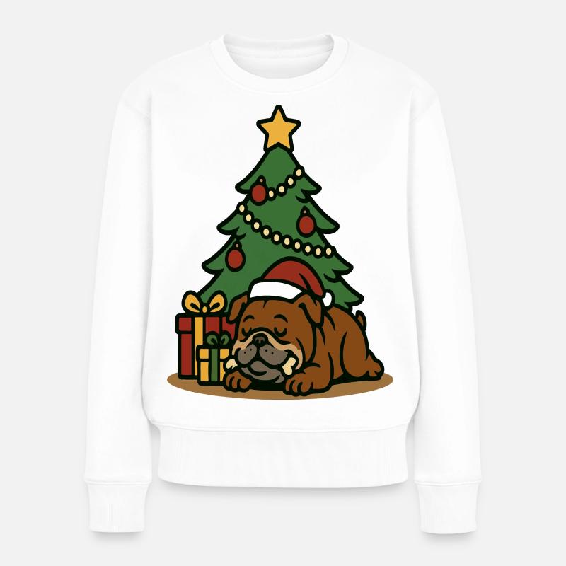 Bouledogue de Noël endormi près de l’art du sapin - Pull Premium bio Femme - blanc