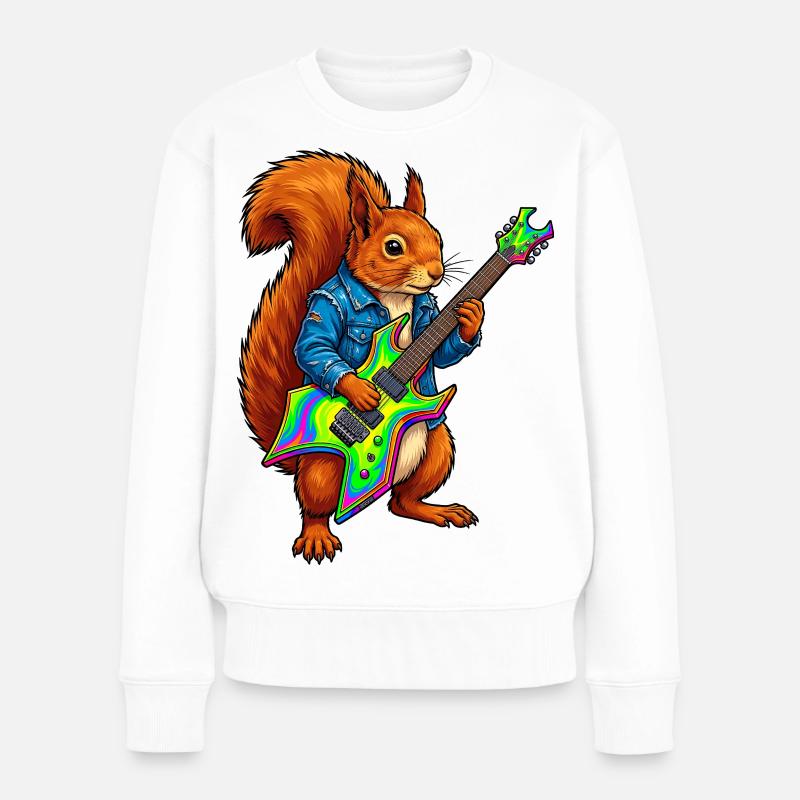 Eichhörnchen mit Jacke und E-Gitarre - Frauen Premium Bio Pullover - Weiß